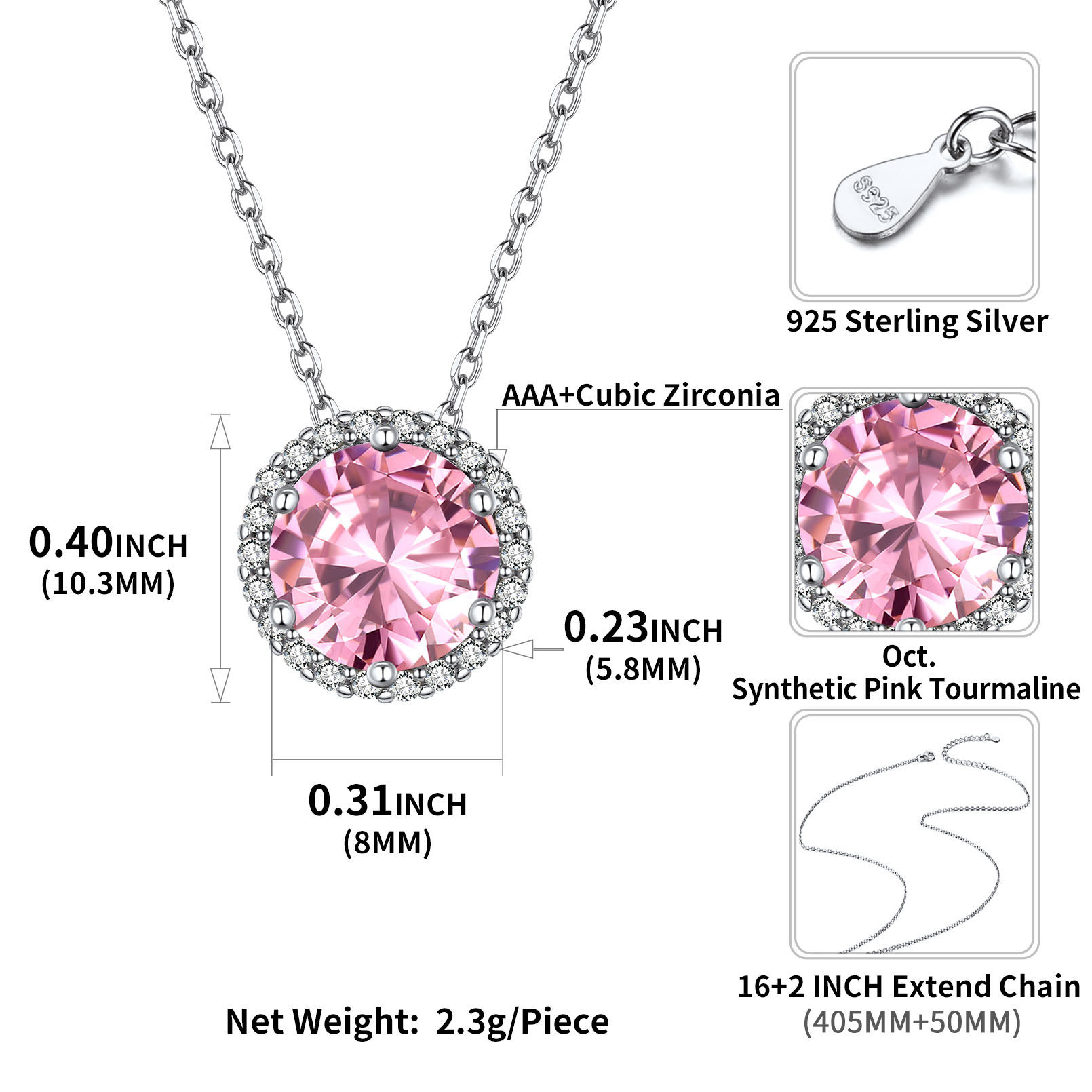 Collier Pendentif Rond Halo en Argent Sterling avec Pierre de Naissance Taille