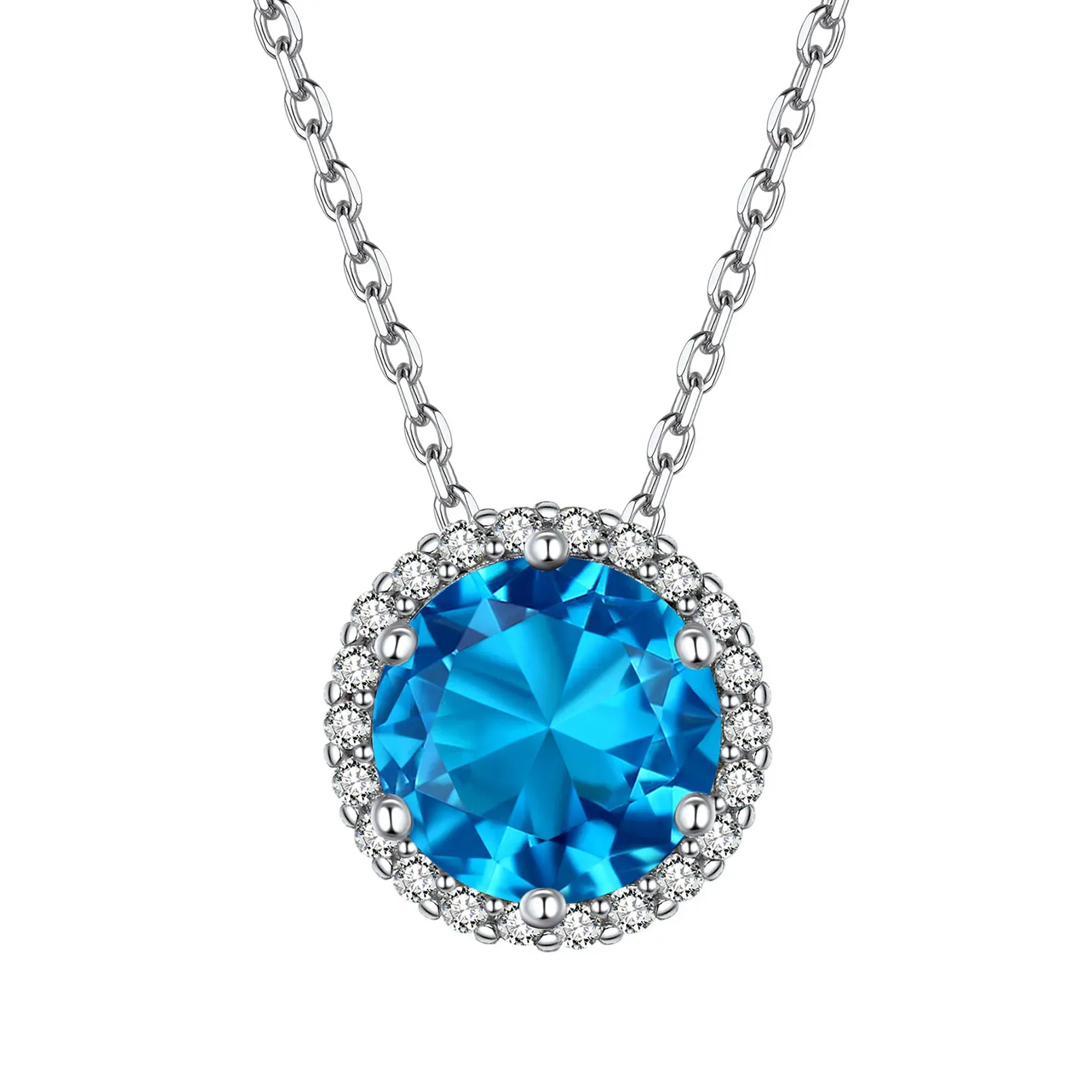 Collier Pendentif Rond Halo en Argent Sterling avec Pierre de Naissance Déc.