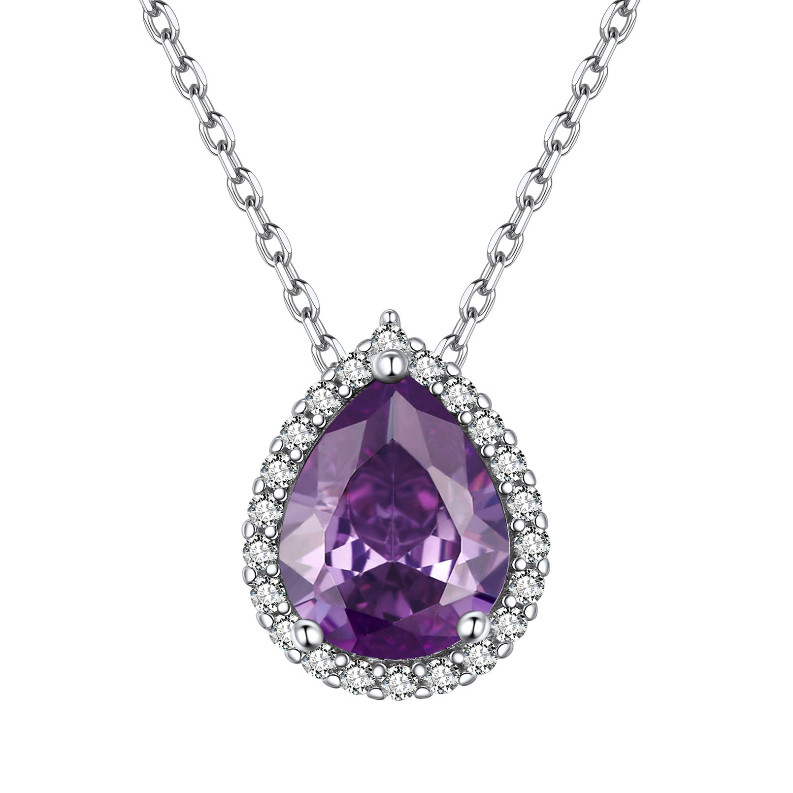 Collier Pendentif Goutte en Argent Sterling avec Pierre de Naissance Février-Améthyste