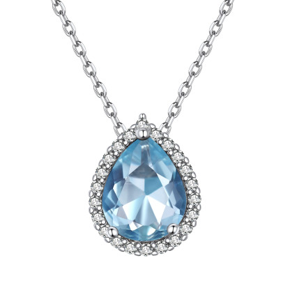 Collier Pendentif Goutte en Argent Sterling avec Pierre de Naissance Mars-Aiguemarine