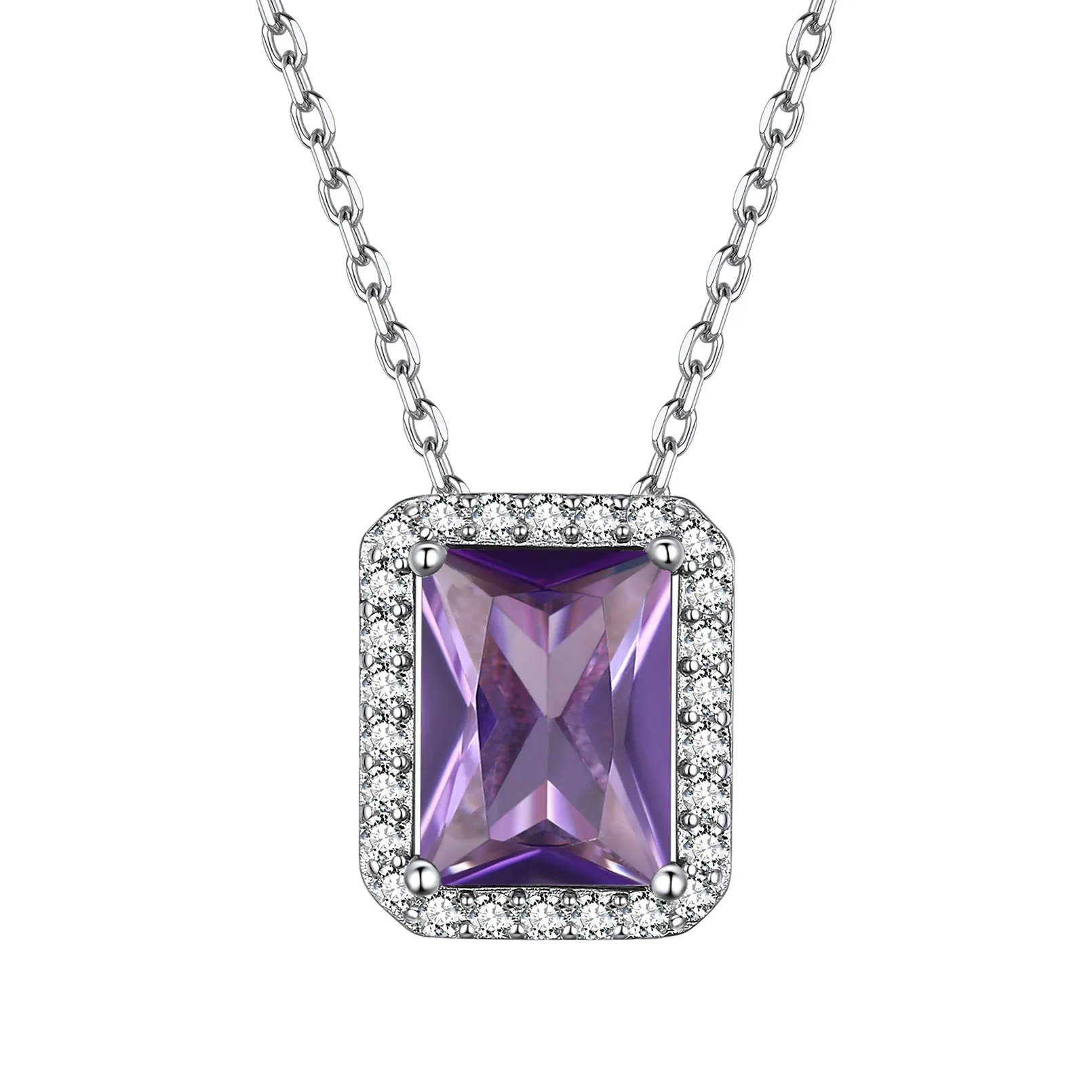 Collier Pendentif Halo en Argent Sterling avec Pierre de Naissance pour Femme Février-Améthyste