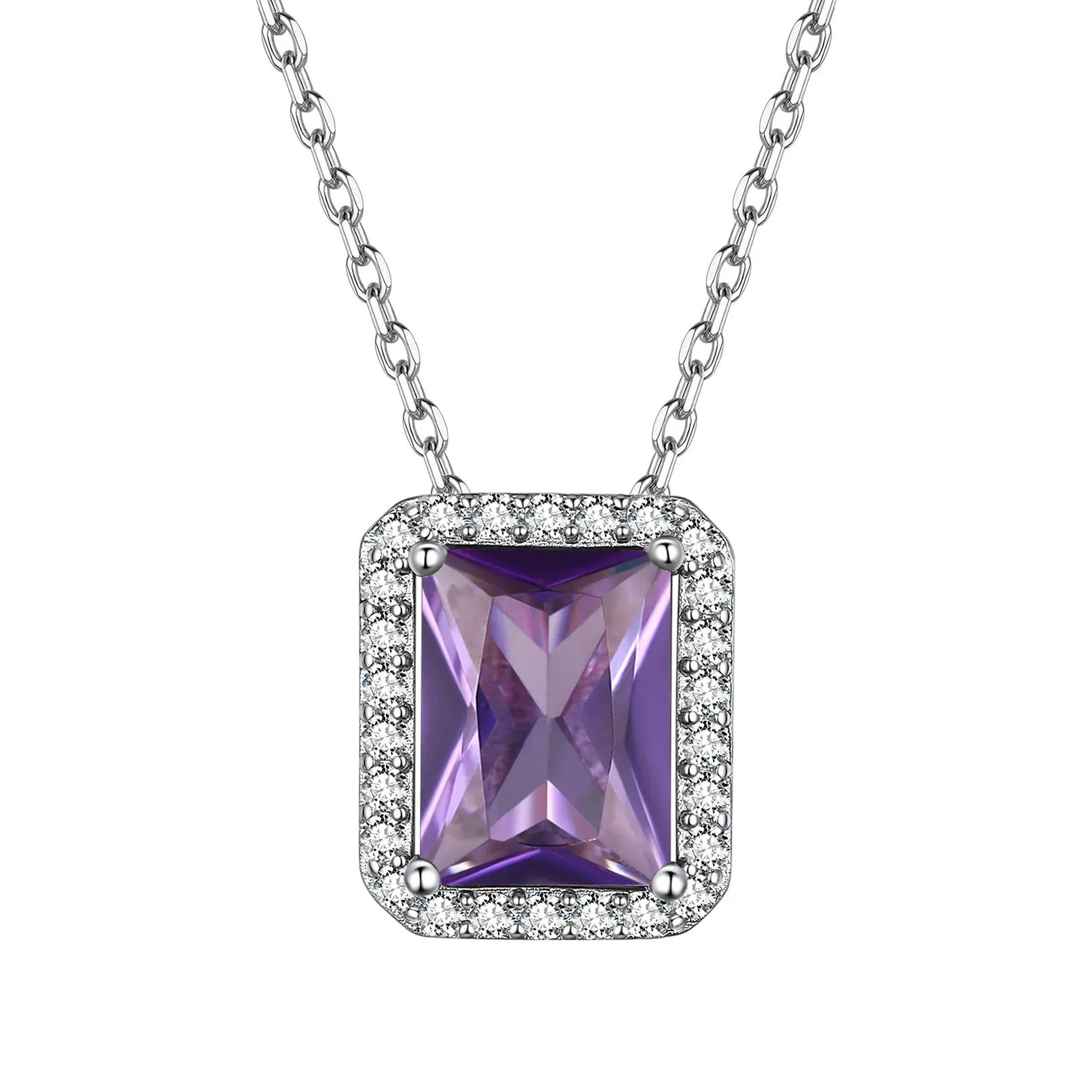 Collier Pendentif Halo en Argent Sterling avec Pierre de Naissance pour Femme Février-Améthyste