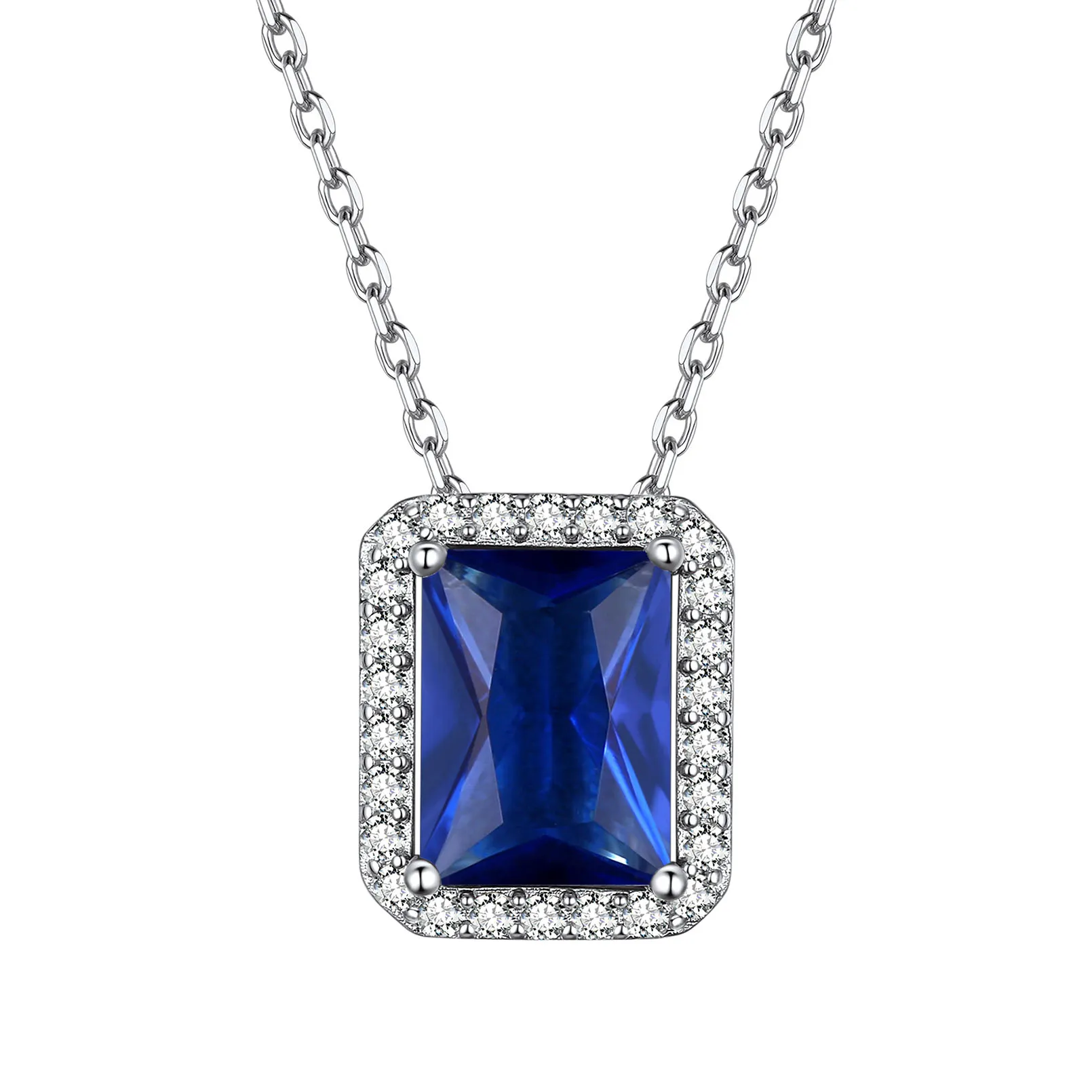 Collier Pendentif Halo en Argent Sterling avec Pierre de Naissance pour Femme Septembre-Saphir