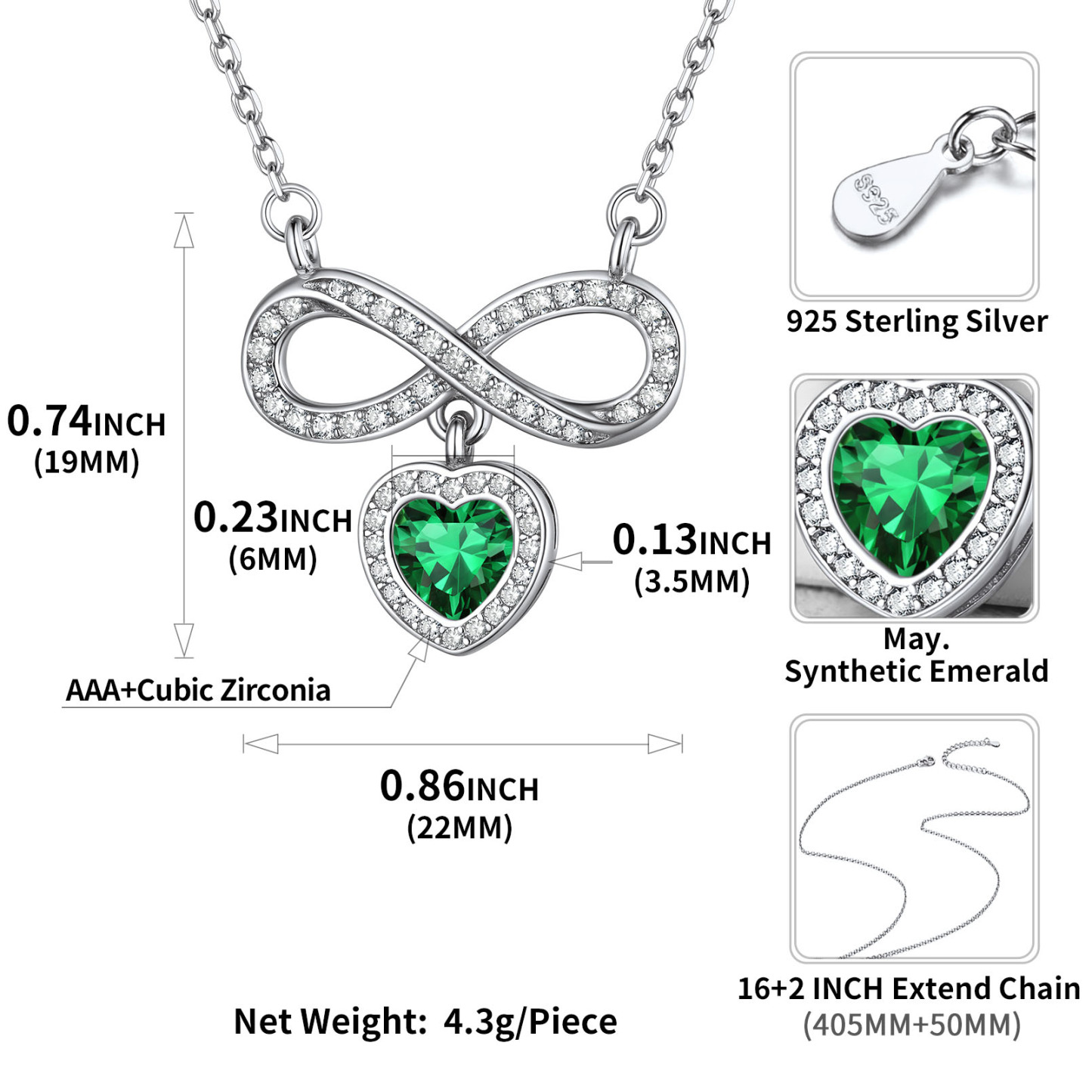 Collier Cœur Infini avec Pierre de Naissance en Argent Sterling 925 Taille