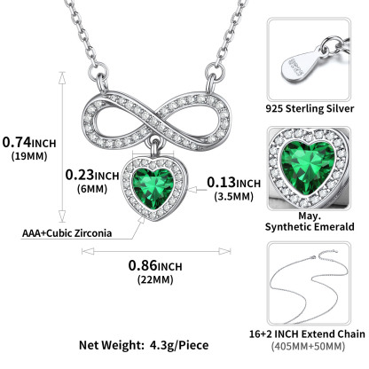 Collier Cœur Infini avec Pierre de Naissance en Argent Sterling 925 Taille