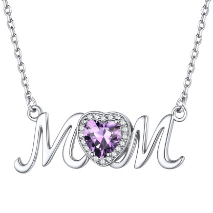  Collier Mom en Argent Sterling avec Pierre de Naissance Février-Améthyste