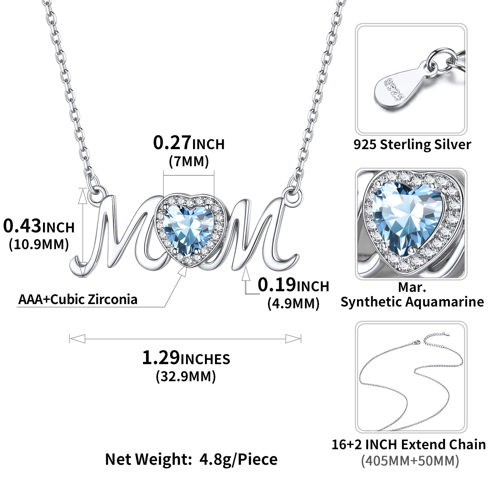  Collier Mom en Argent Sterling avec Pierre de Naissance Taille