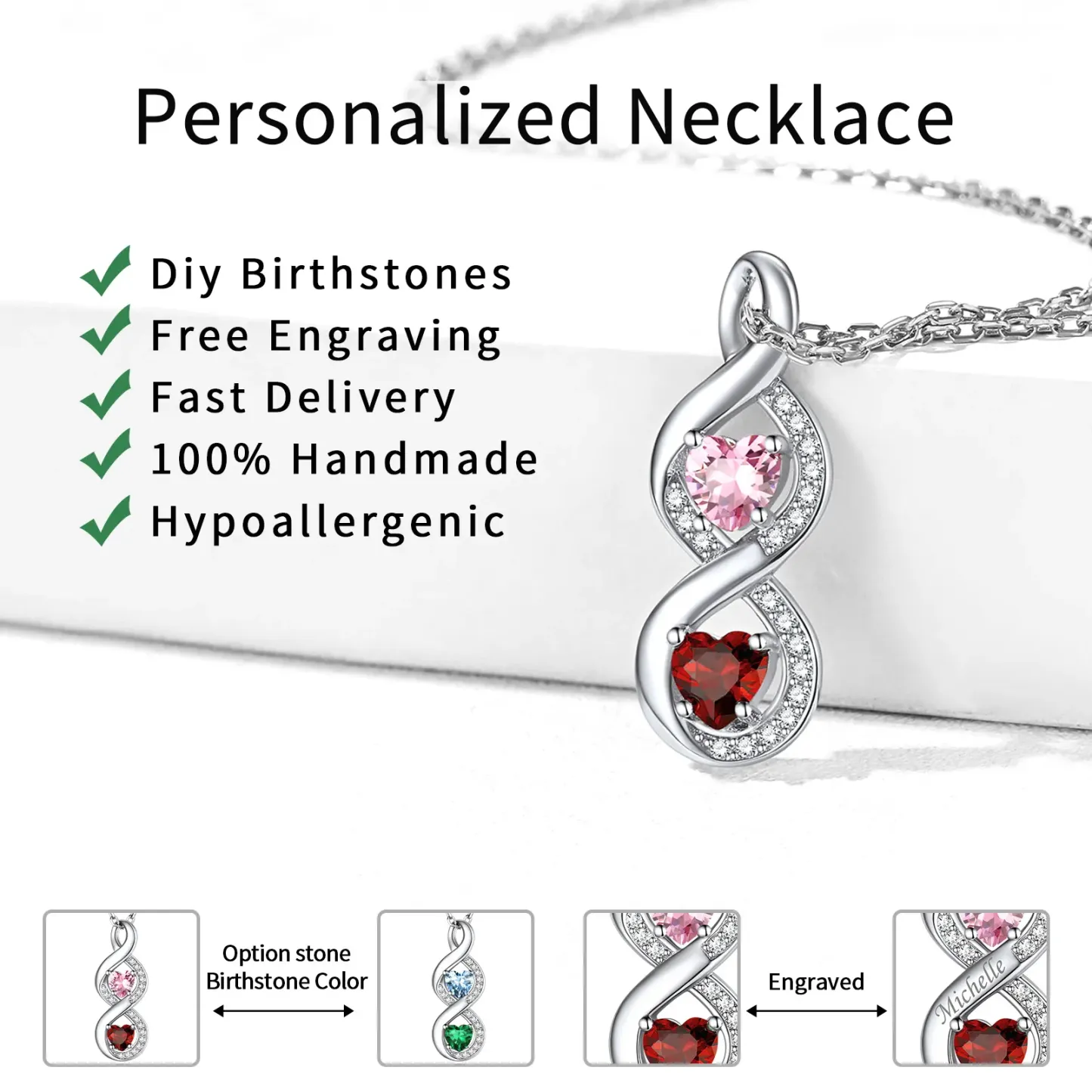 Collier Infini avec Prénom et Pierres de Naissance Detail