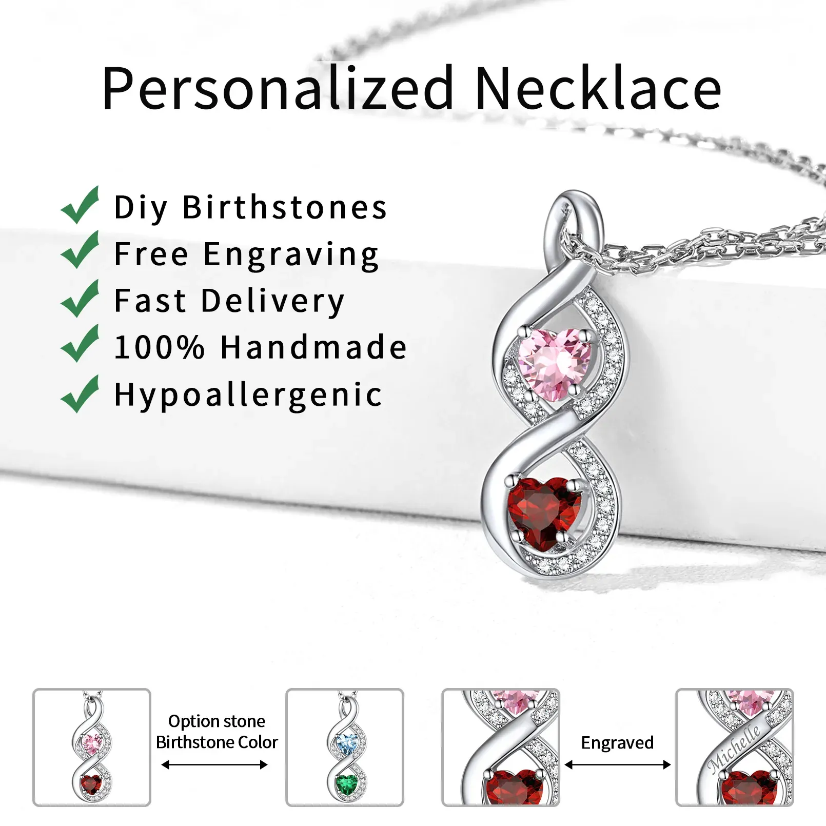 Collier Infini avec Prénom et Pierres de Naissance Detail