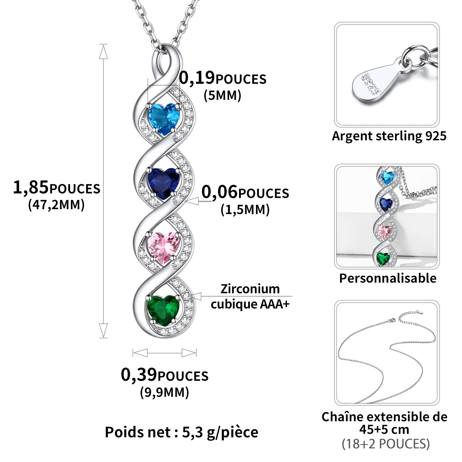 Collier Infini avec Prénom et Pierres de Naissance Taille