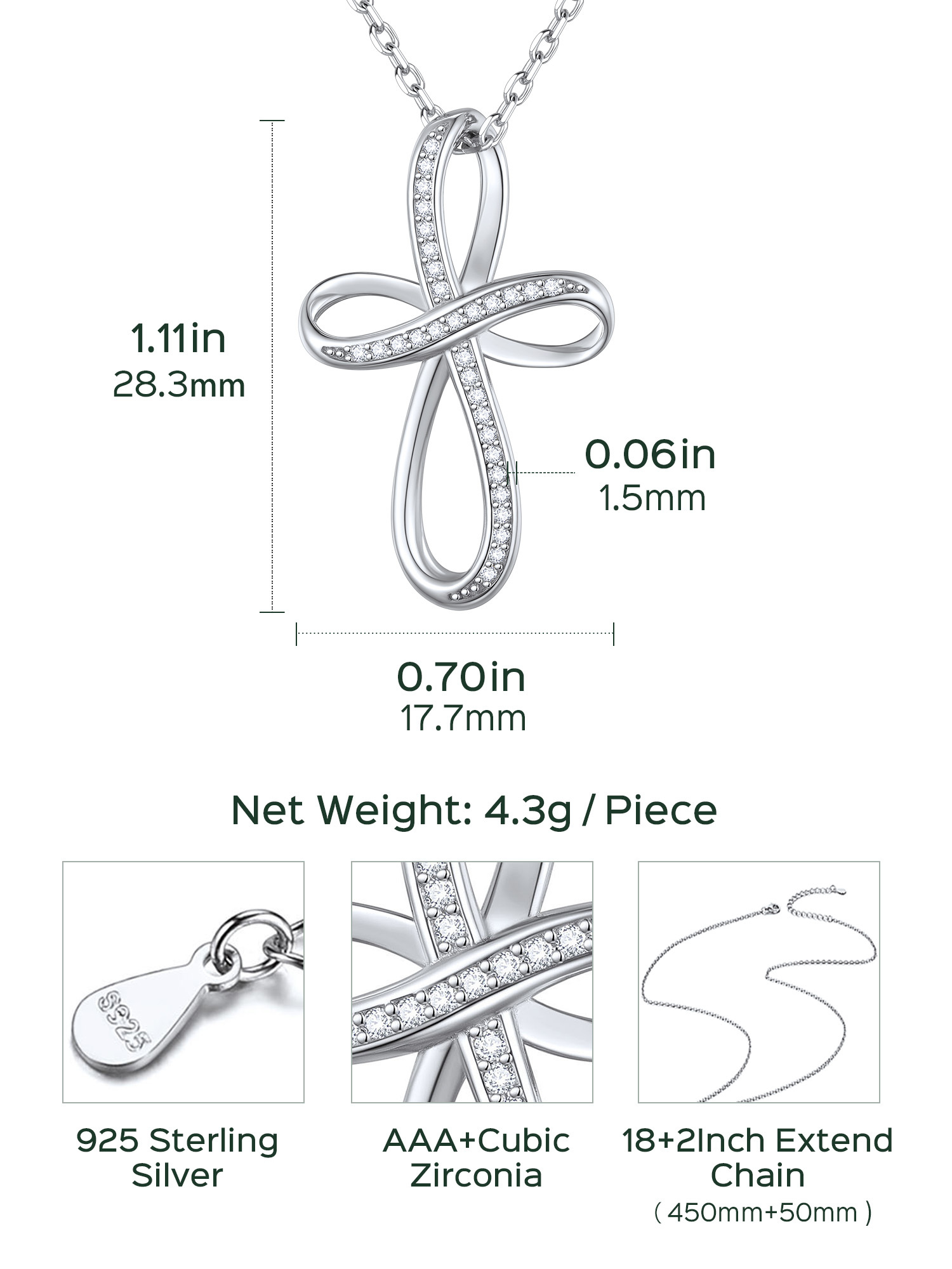 Collier Pendentif Infini en Argent Sterling 925 Pour Femme Taille