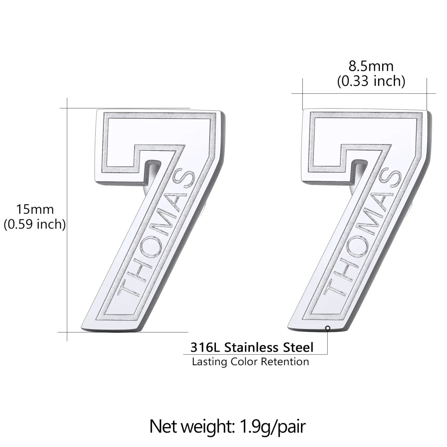 Boucles d’Oreilles Clous Personnalisées avec Nom et Numéro de Sport Taille Argenté