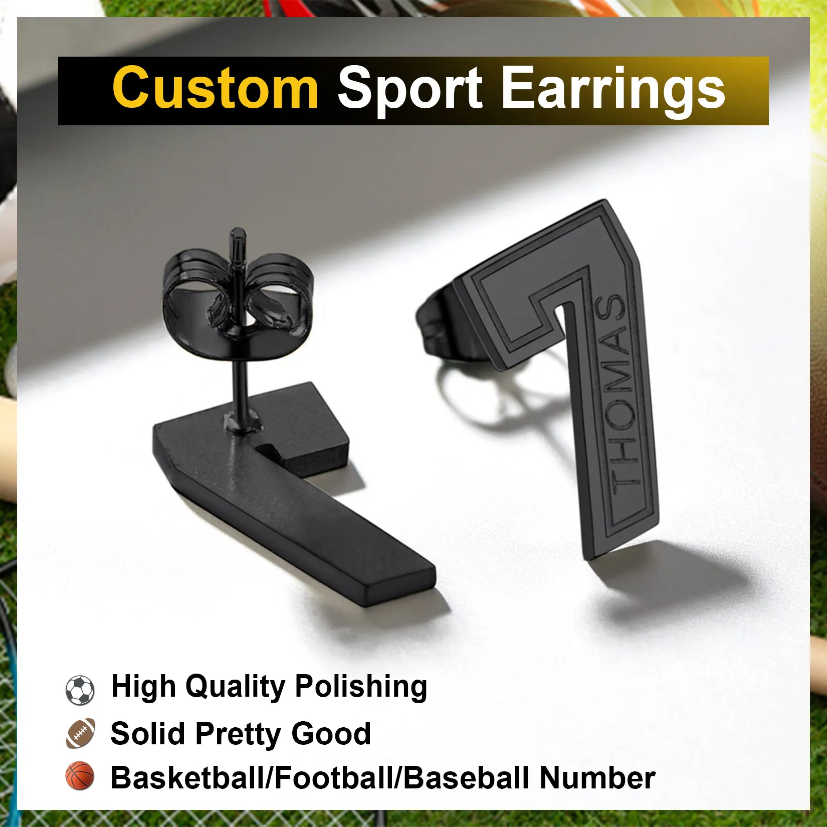 Boucles d’Oreilles Clous Personnalisées avec Nom et Numéro de Sport Détail