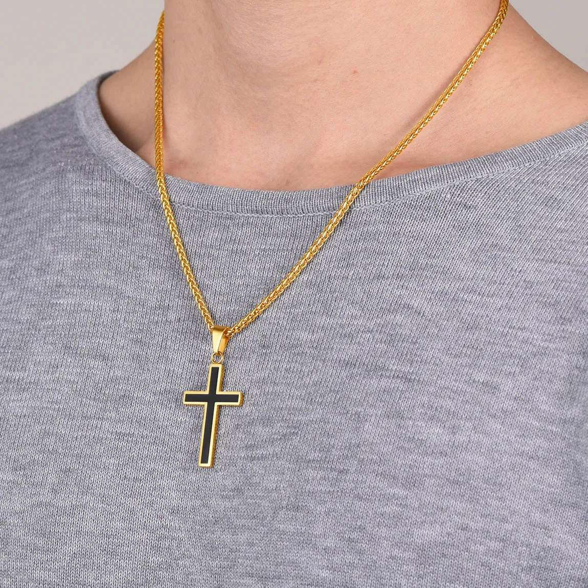 Collier Croix Personnalisable en Acier Inoxydable avec Chaîne Blé Modèle
