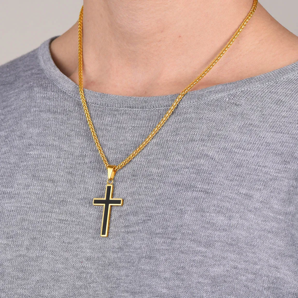 Collier Croix Personnalisable en Acier Inoxydable avec Chaîne Blé Modèle