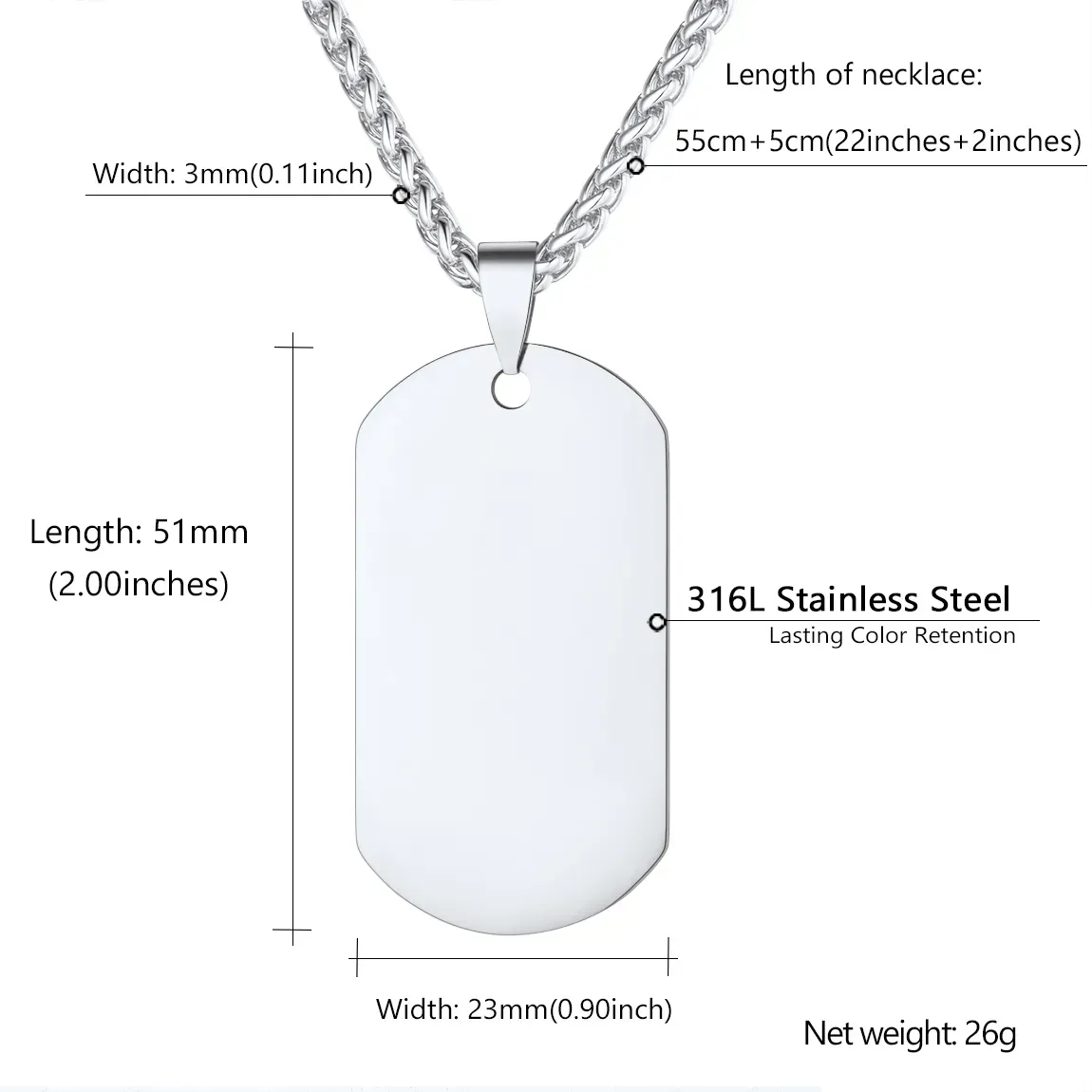 Collier Plaque Militaire Personnalisé Gravé Recto-Verso  Taille