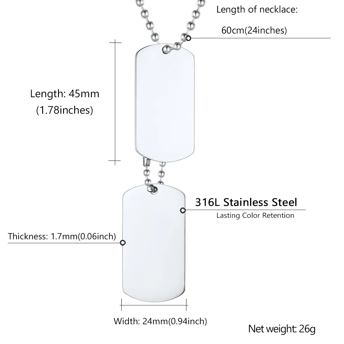 Collier Plaque Militaire Double Personnalisé avec Gravure pour Homme Taille