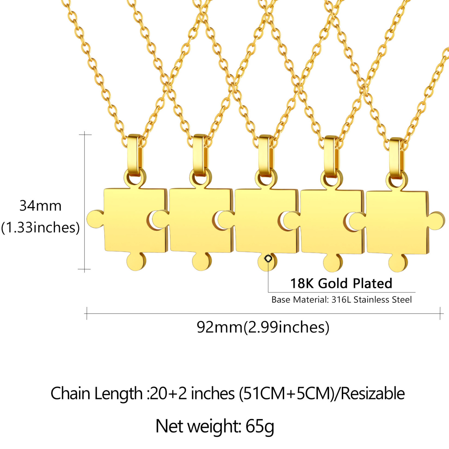 Collier Puzzle Personnalisé en Acier 316L avec Prénoms Gravés Taille