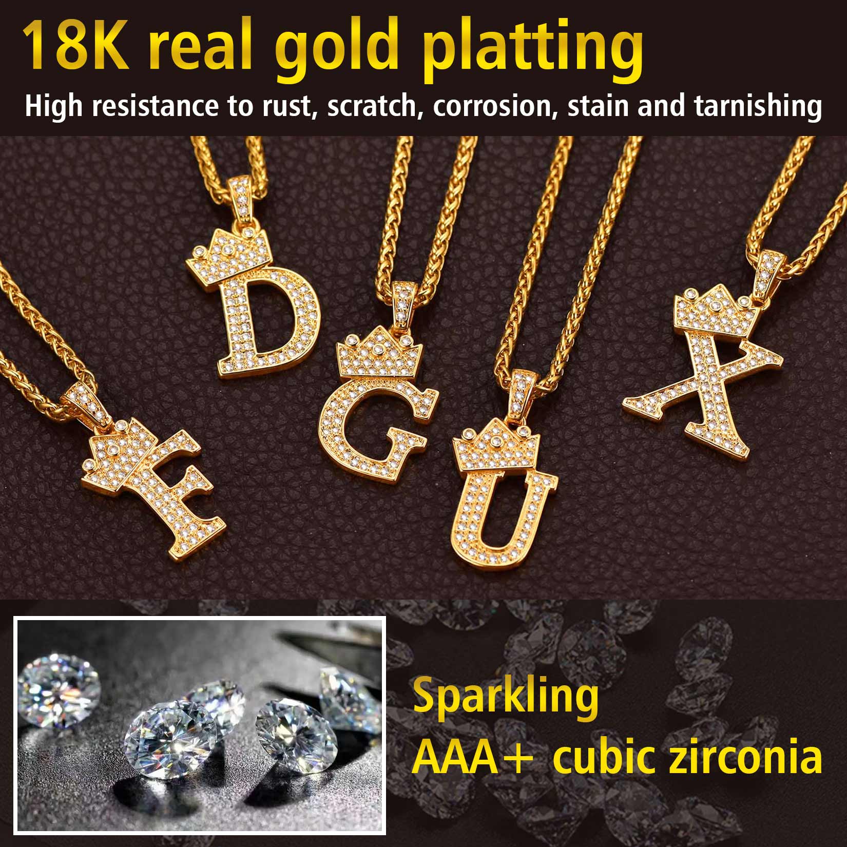 Collier Monogramme Initiale Plaqué Or 18K avec Couronne et Zircon Cubique