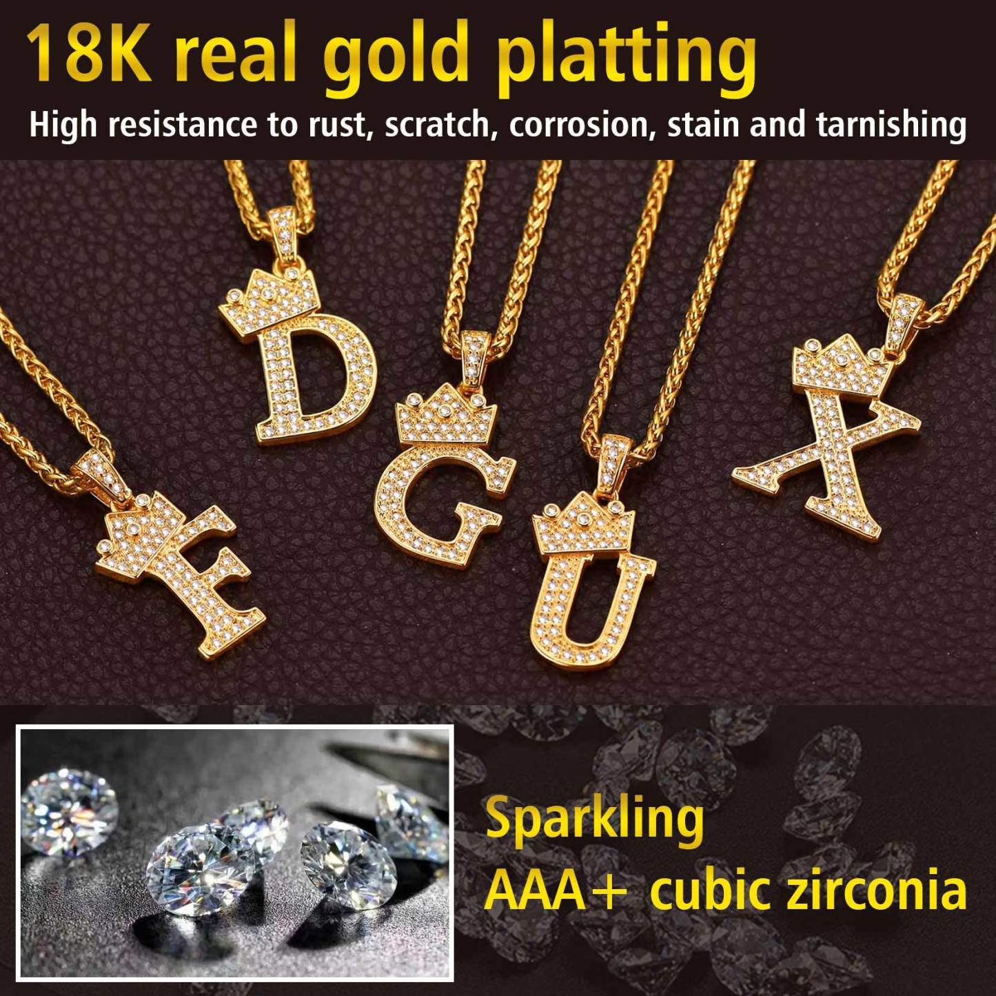 Collier Monogramme Initiale Plaqué Or 18K avec Couronne et Zircon Cubique