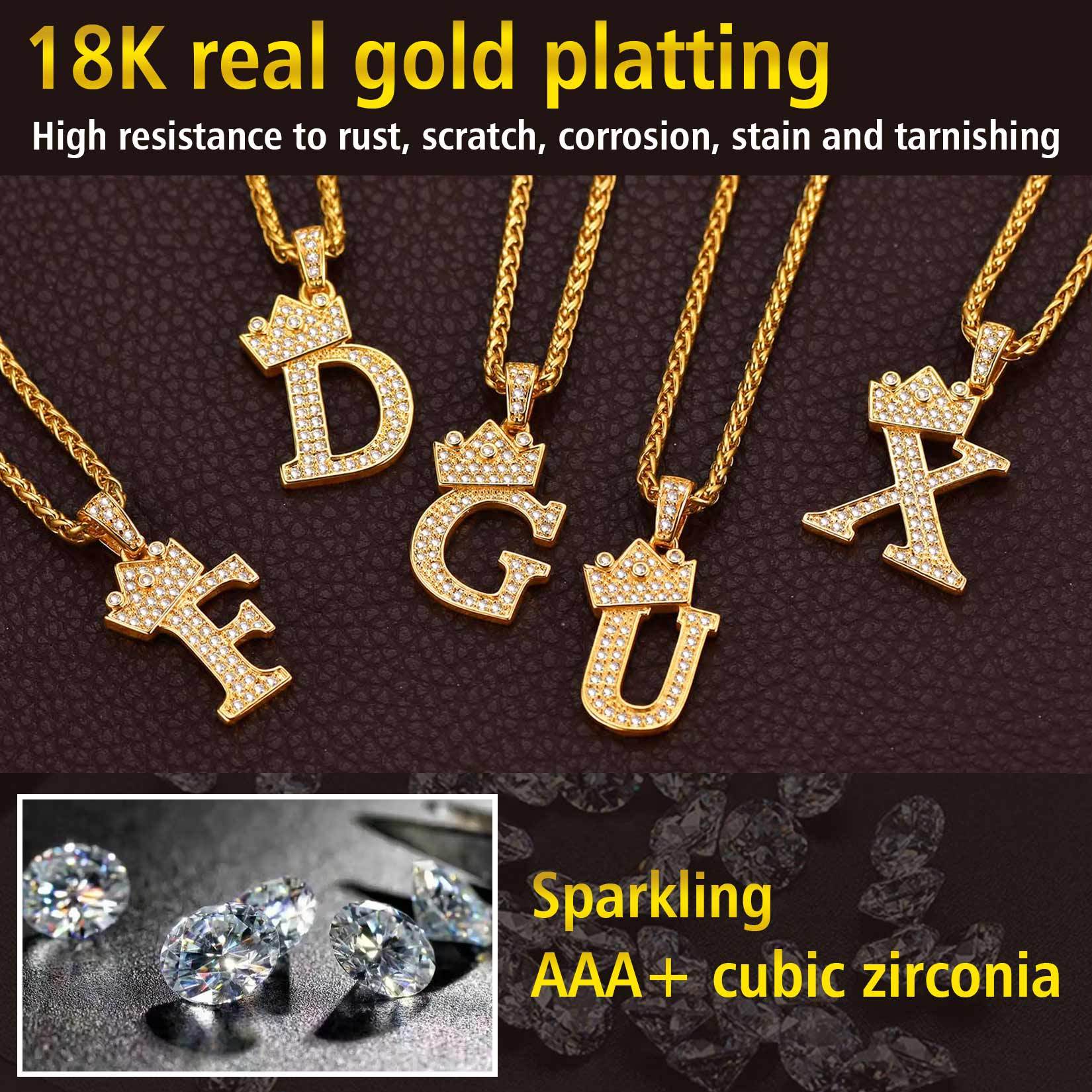 Collier Monogramme Initiale Plaqué Or 18K avec Couronne et Zircon Cubique
