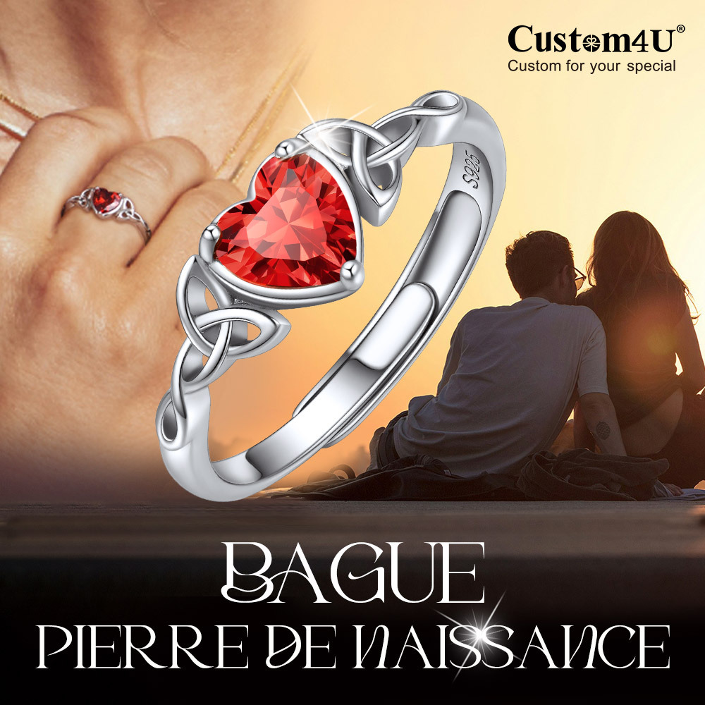 Bague Cœur Ajustable en Argent Sterling avec Pierre de Naissance 