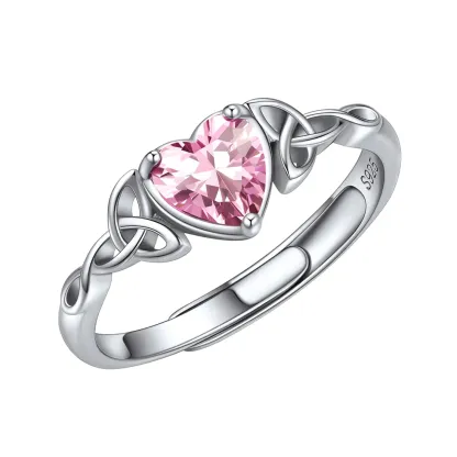 Bague Cœur Ajustable en Argent Sterling avec Pierre de Naissance Octobre-Tourmaline