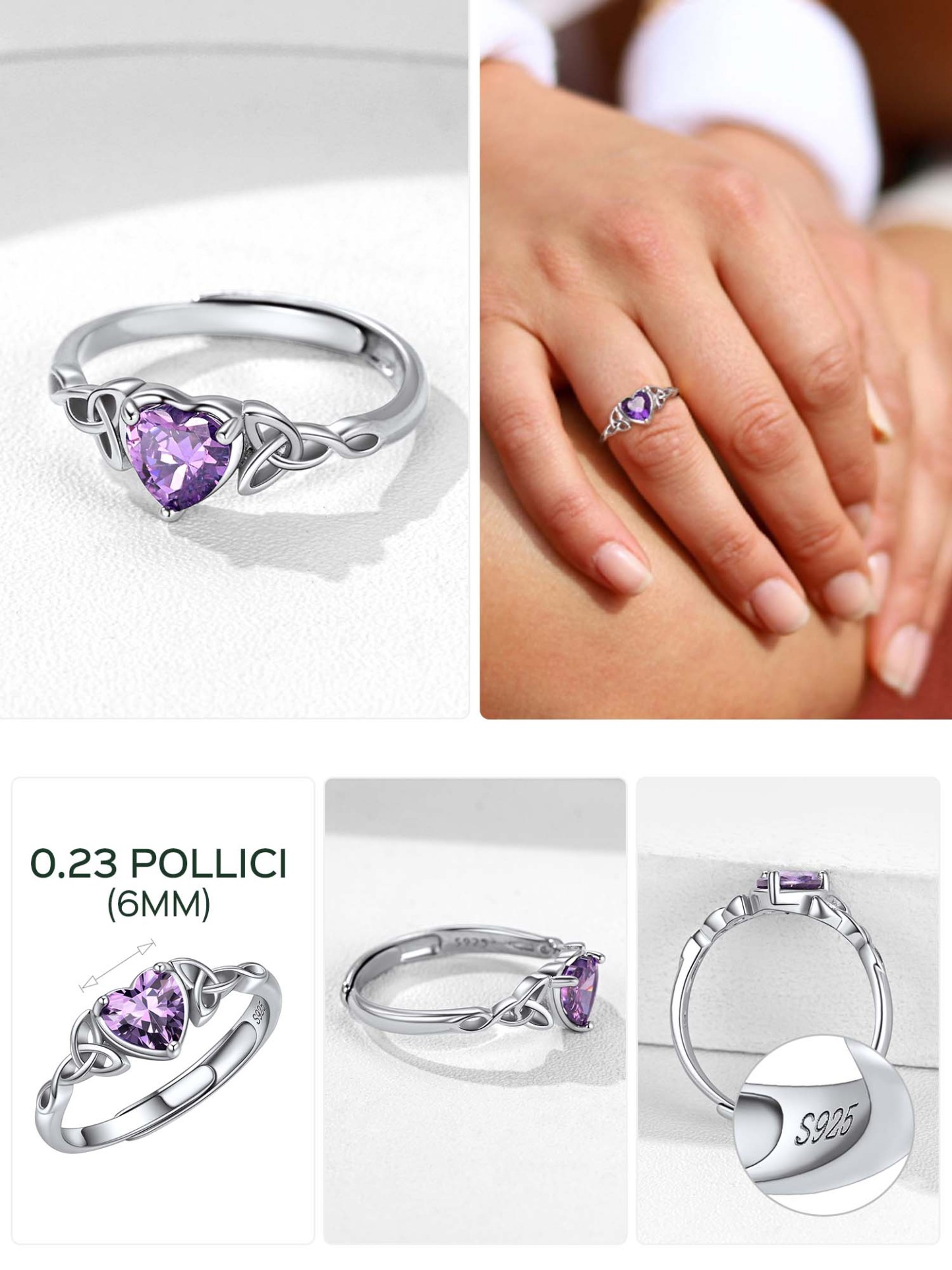 Bague Cœur Ajustable en Argent Sterling avec Pierre de Naissance Scène 