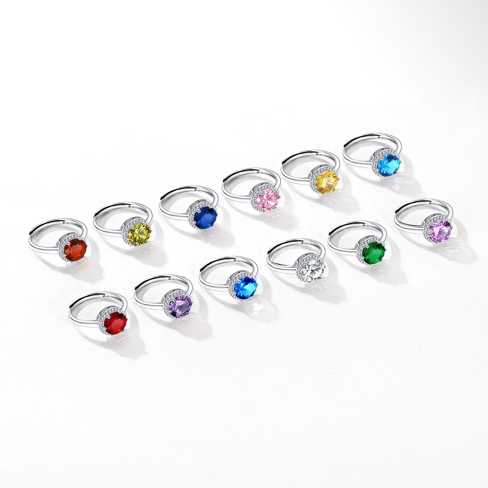 Bague Ajustable en Argent Sterling avec Halo et Pierre de Naissance pour Femme Collection