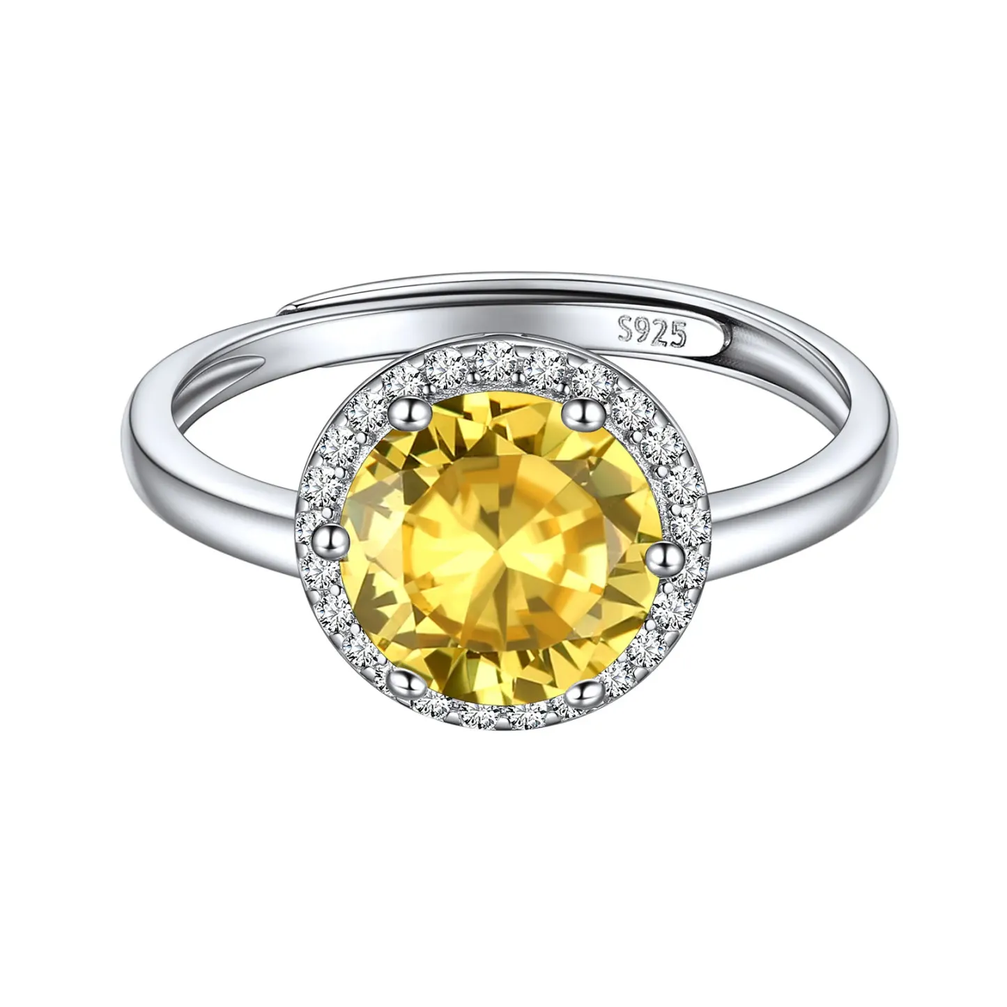 Bague Ajustable en Argent Sterling avec Halo et Pierre de Naissance pour Femme Novembre - Topaze