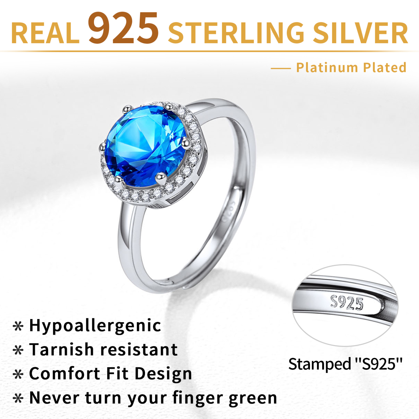 Bague Ajustable en Argent Sterling avec Halo et Pierre de Naissance pour Femme Détail