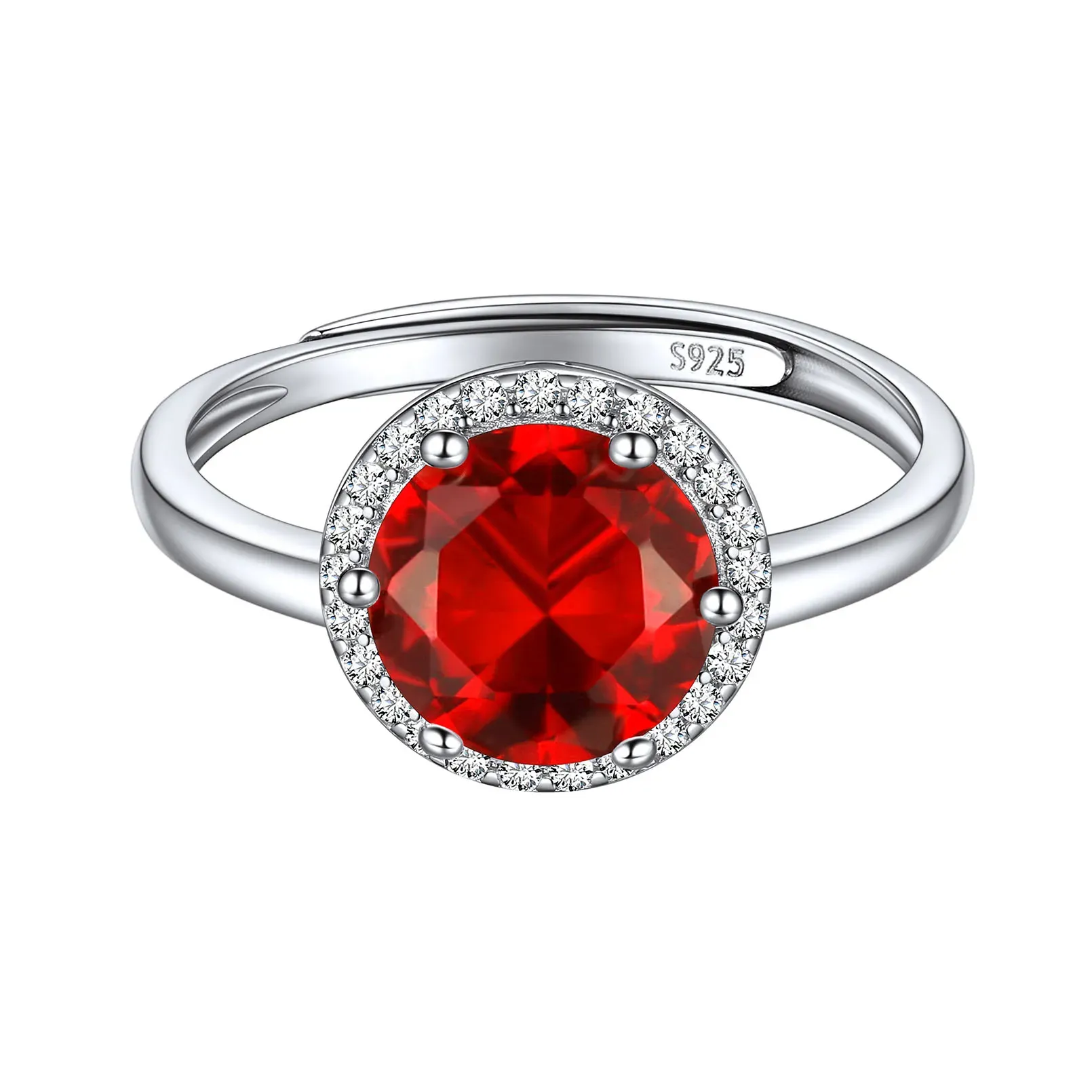 Bague Ajustable en Argent Sterling avec Halo et Pierre de Naissance pour Femme Juillet - Rubis