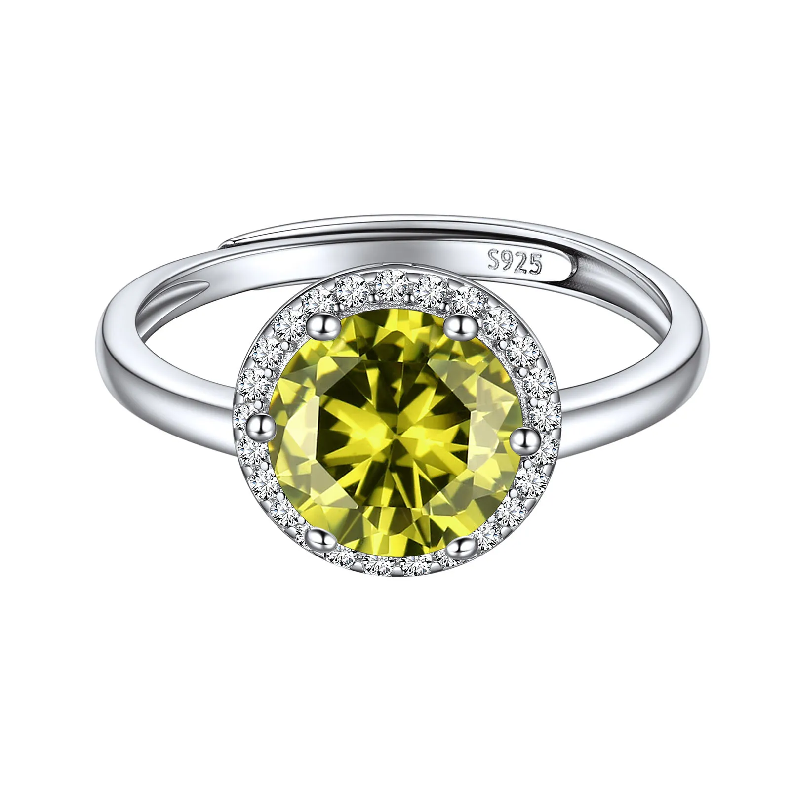 Bague Ajustable en Argent Sterling avec Halo et Pierre de Naissance pour Femme Août - Péridot