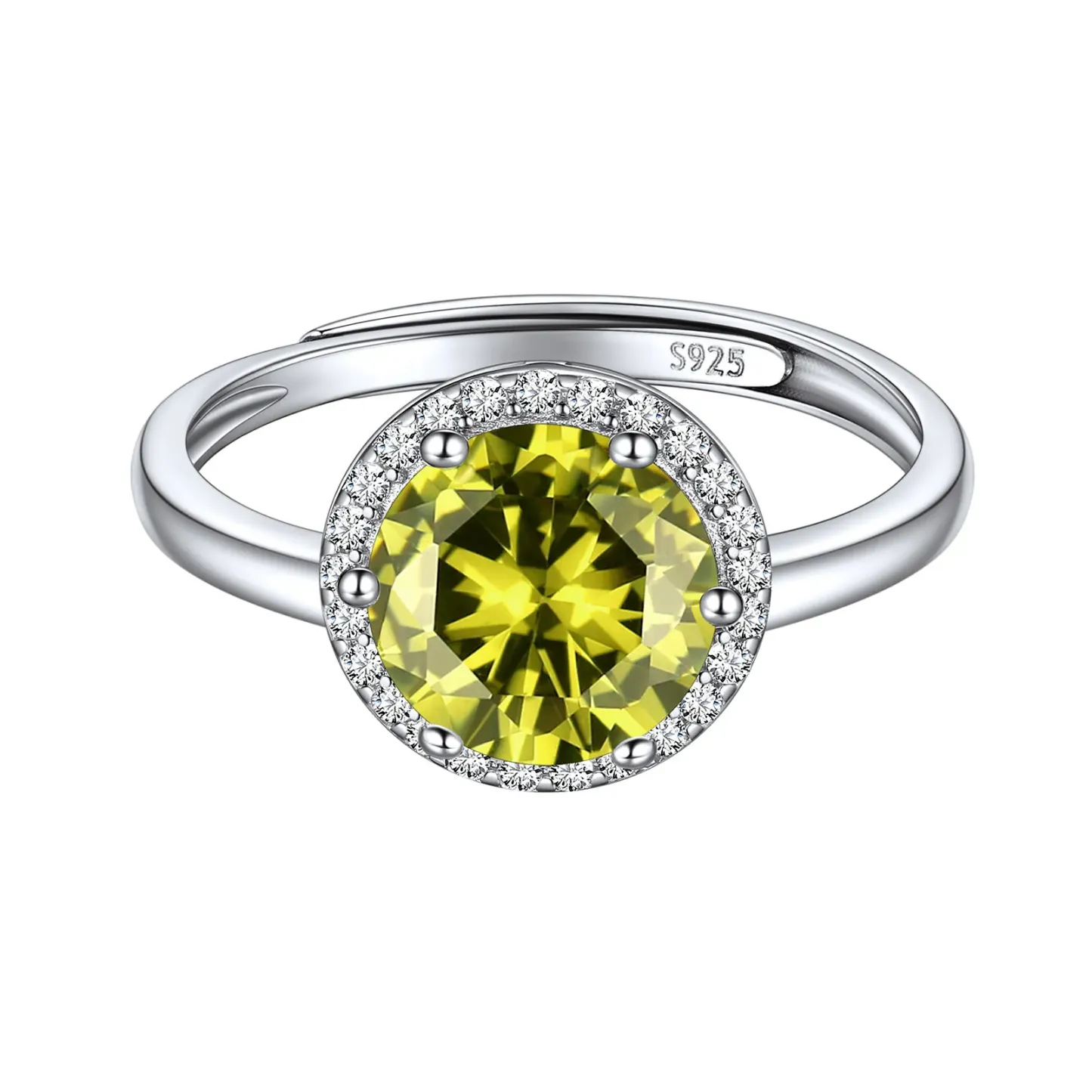 Bague Ajustable en Argent Sterling avec Halo et Pierre de Naissance pour Femme Août - Péridot