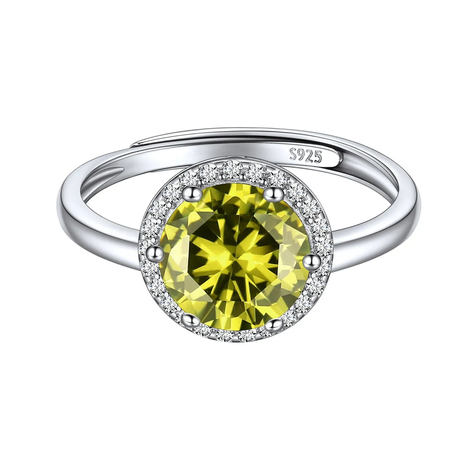 Bague Ajustable en Argent Sterling avec Halo et Pierre de Naissance pour Femme Août - Péridot
