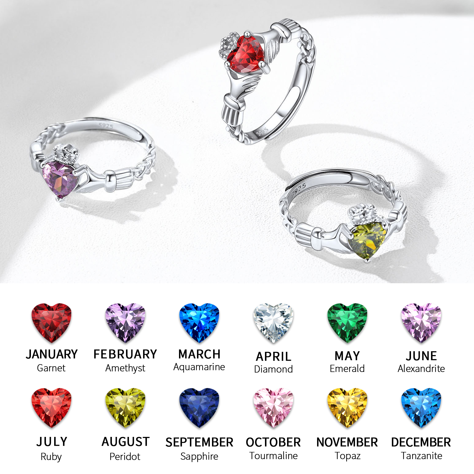 Bague Claddagh Cœur Ajustable avec Pierre de Naissance en Argent 925 Collection