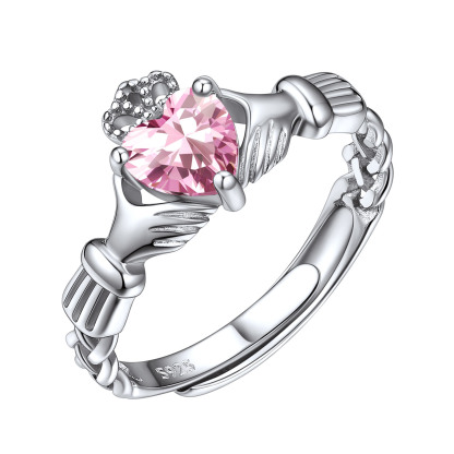 Bague Claddagh Cœur Ajustable avec Pierre de Naissance en Argent 925 Octobre-Tourmaline