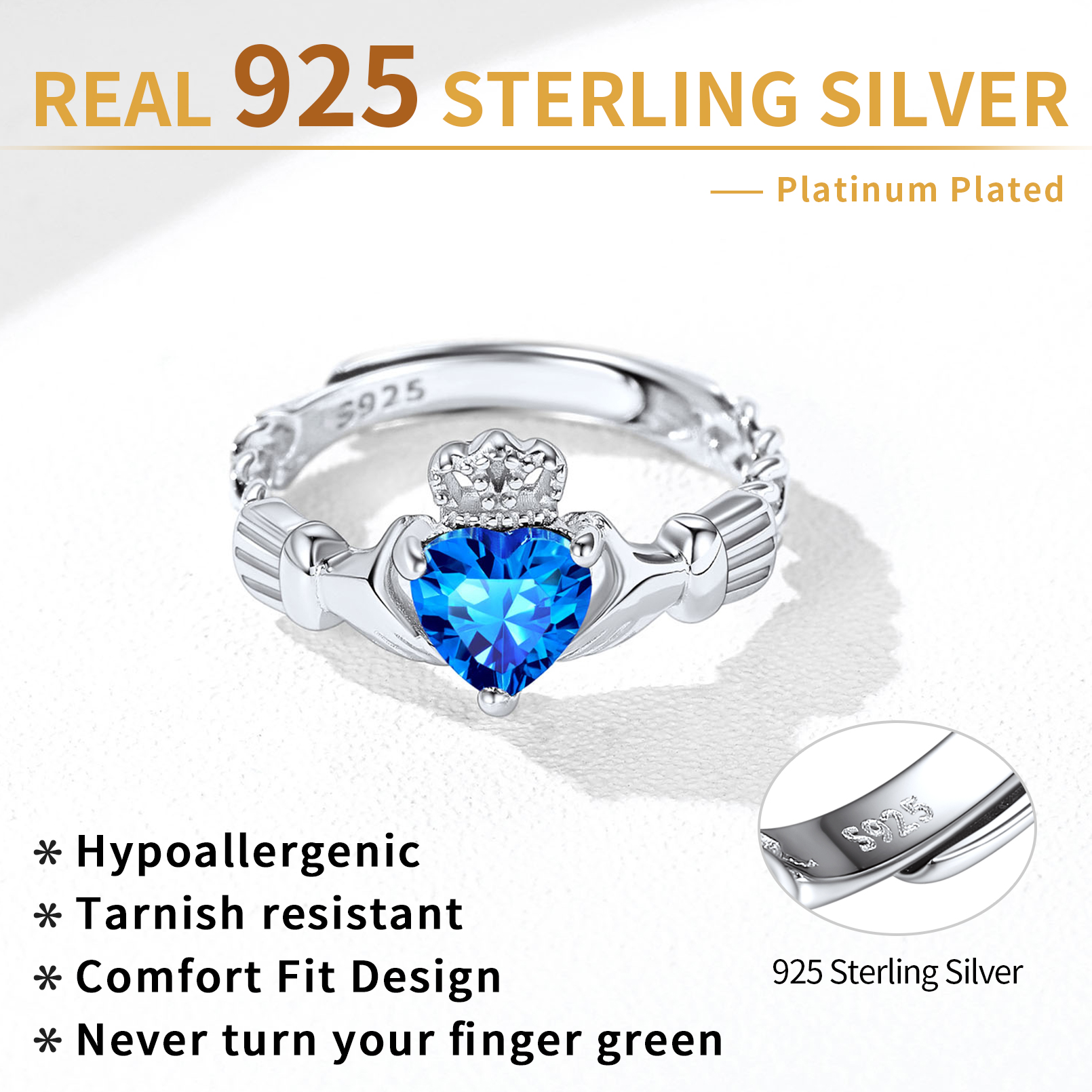 Bague Claddagh Cœur Ajustable avec Pierre de Naissance en Argent 925 Détail