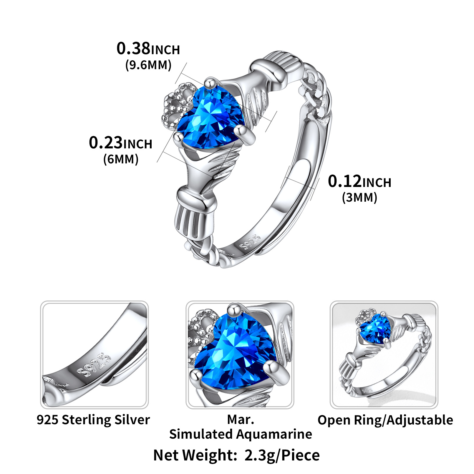 Bague Cœur Ajustable avec Pierre de Naissance en Argent 925 Taille