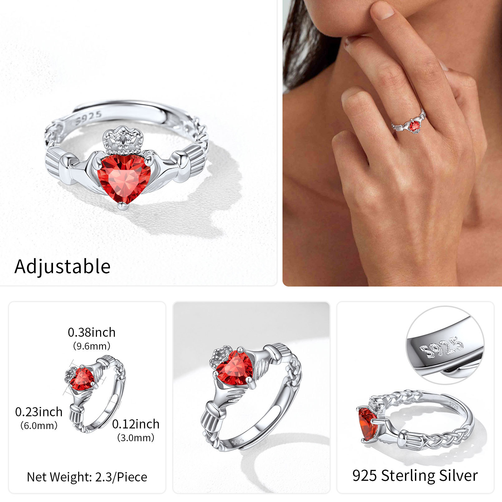 Bague Claddagh Cœur Ajustable avec Pierre de Naissance en Argent 925 Taille