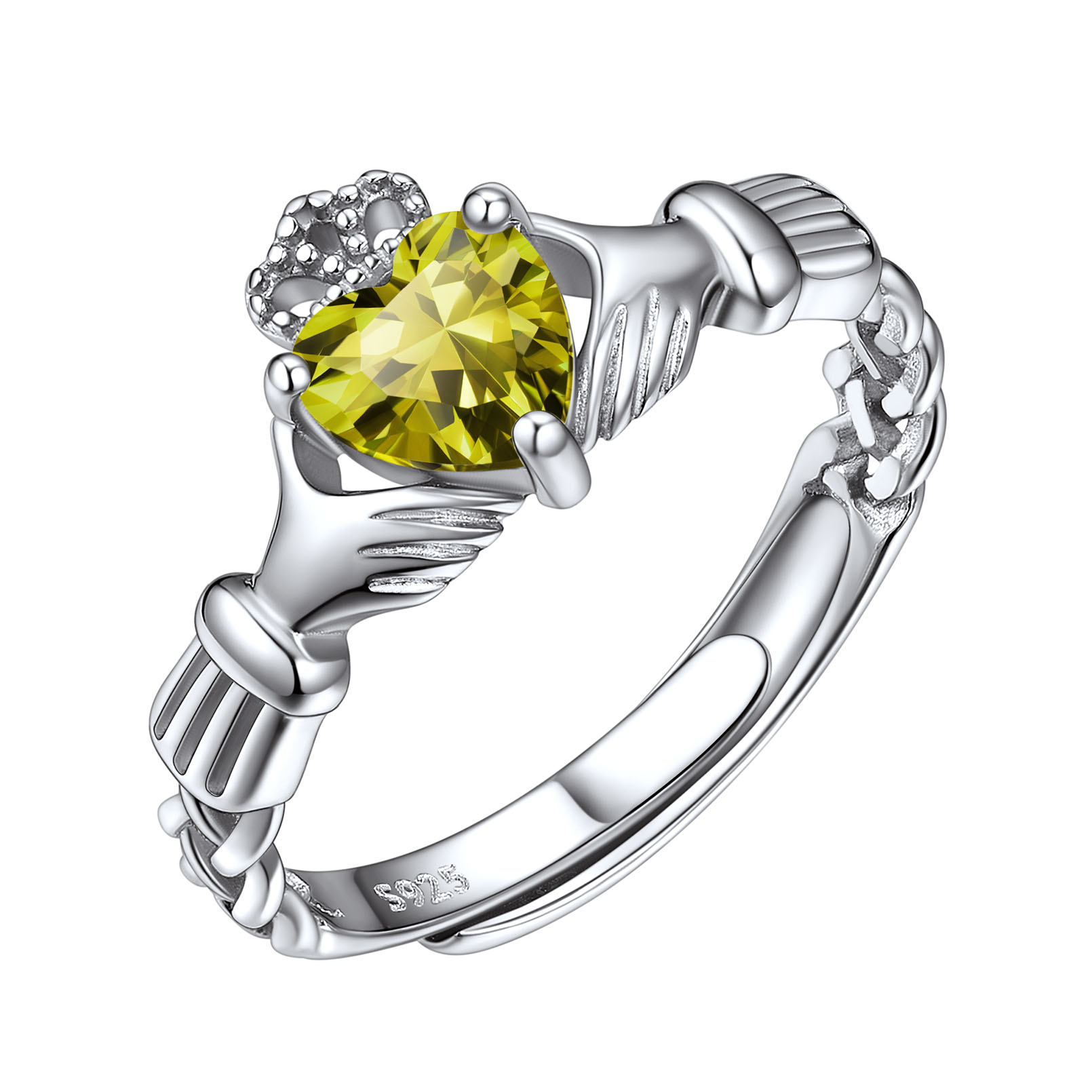 Bague Claddagh Cœur Ajustable avec Pierre de Naissance en Argent 925 Août-Péridot