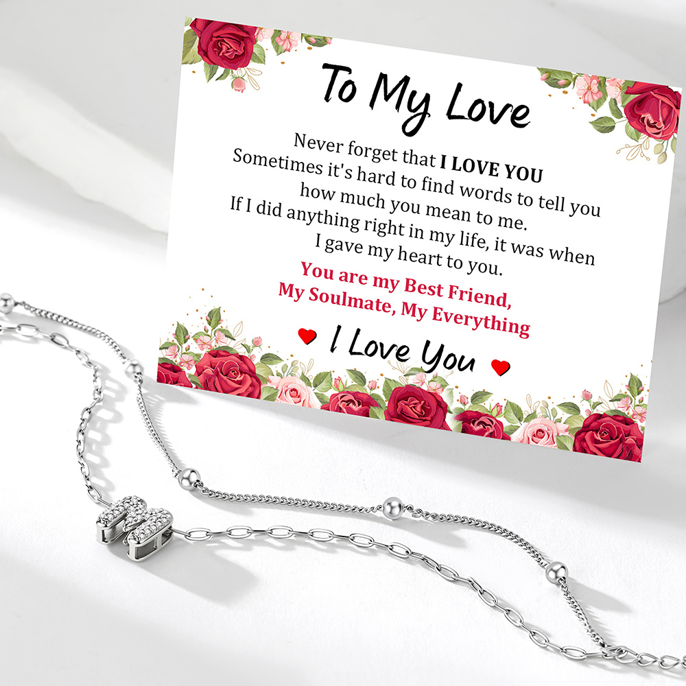 Bracelet de Cheville Double Chaîne à Perles et Initial Strass Cadeau Saint Valentin