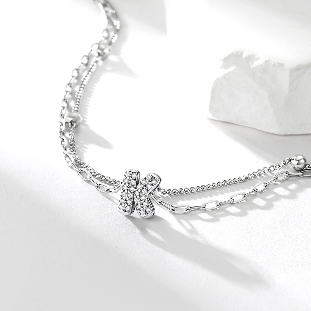 Bracelet de Cheville Double Chaîne à Perles et Initial Strass