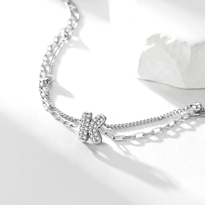 Bracelet de Cheville Double Chaîne à Perles et Initial Strass