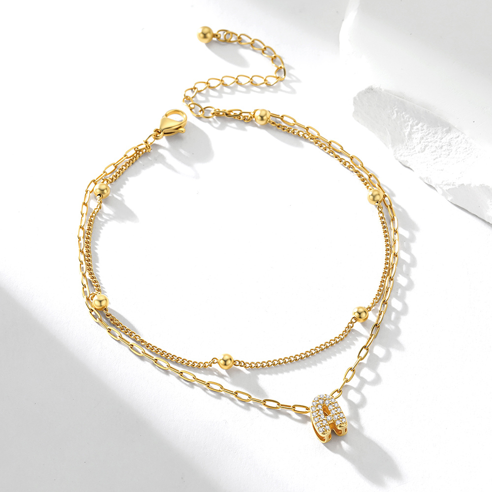 Bracelet de Cheville Double Chaîne à Perles et Initial Strass 