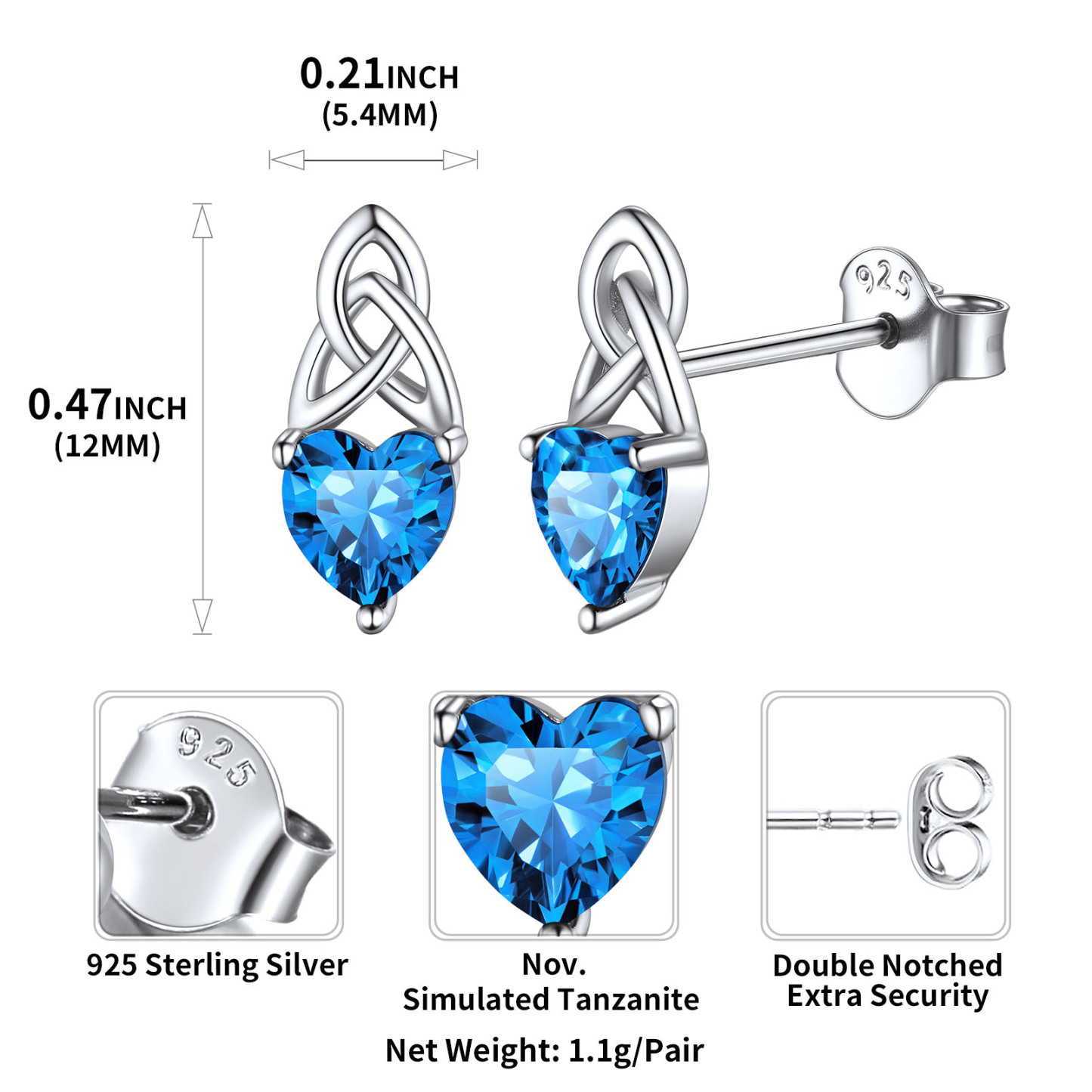 Clous d’Oreilles Nœud Celtique avec Pierre de Naissance en Argent 925 Taille