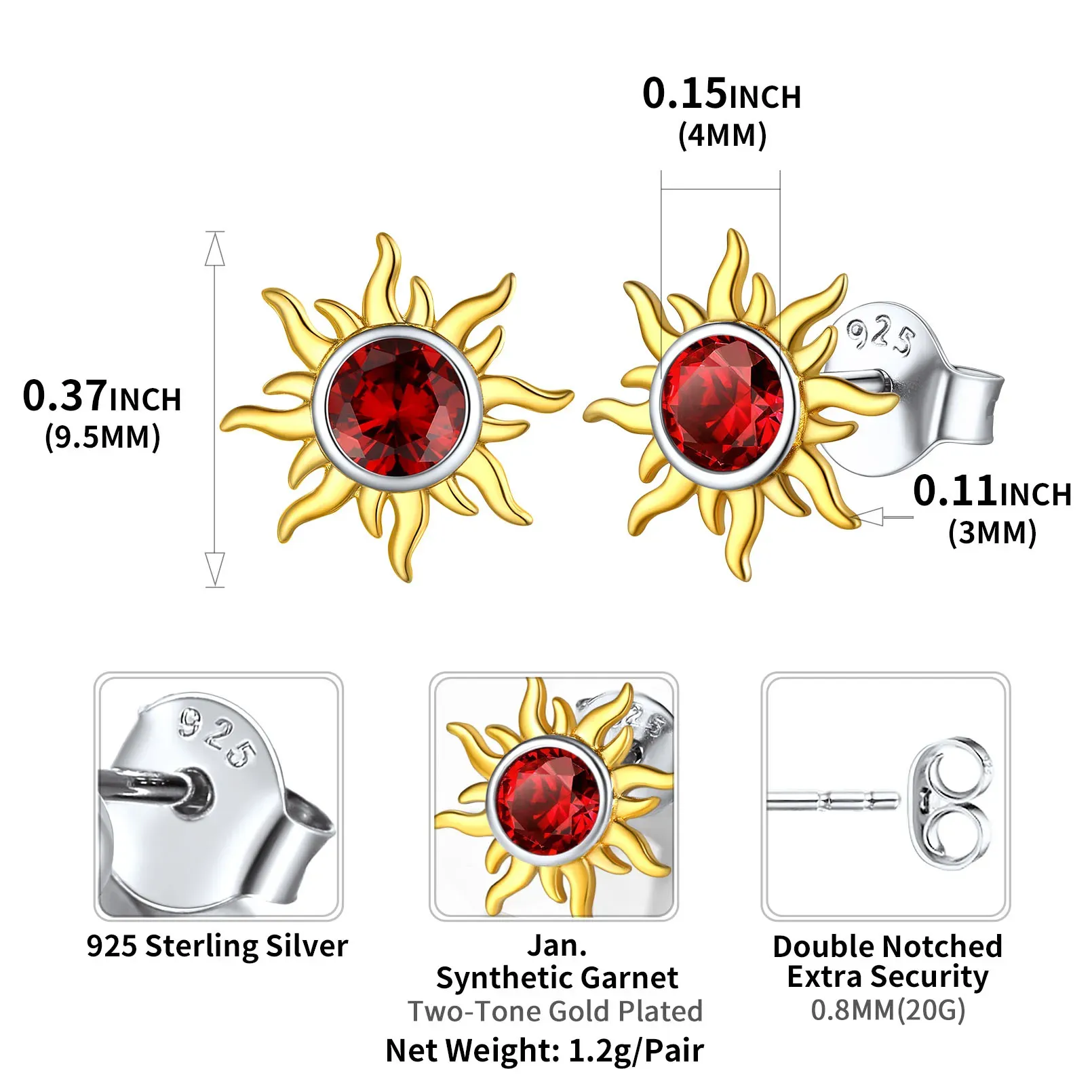 Clous d’Oreilles Soleil en Argent 925 avec Pierre de Naissance Taille