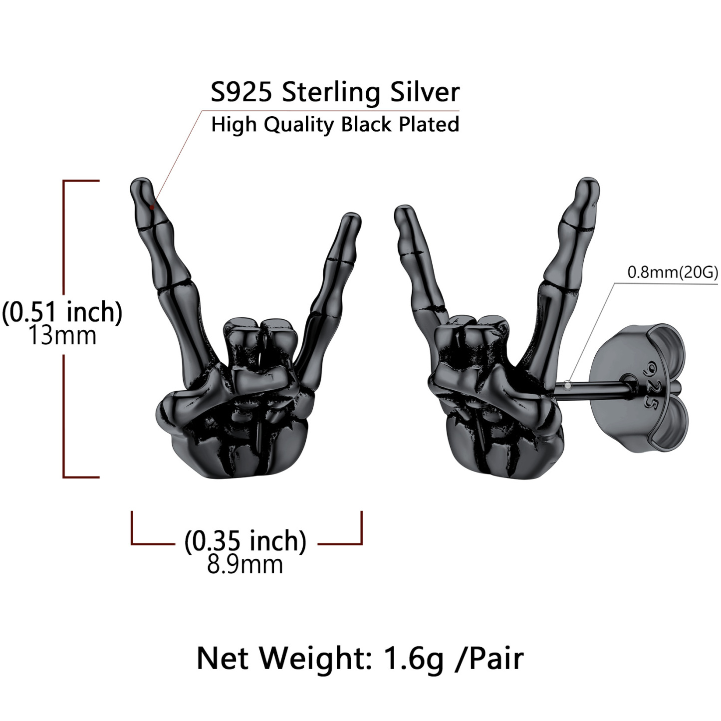 Clous d'Oreilles Crâne Main Punk pour Homme  taille