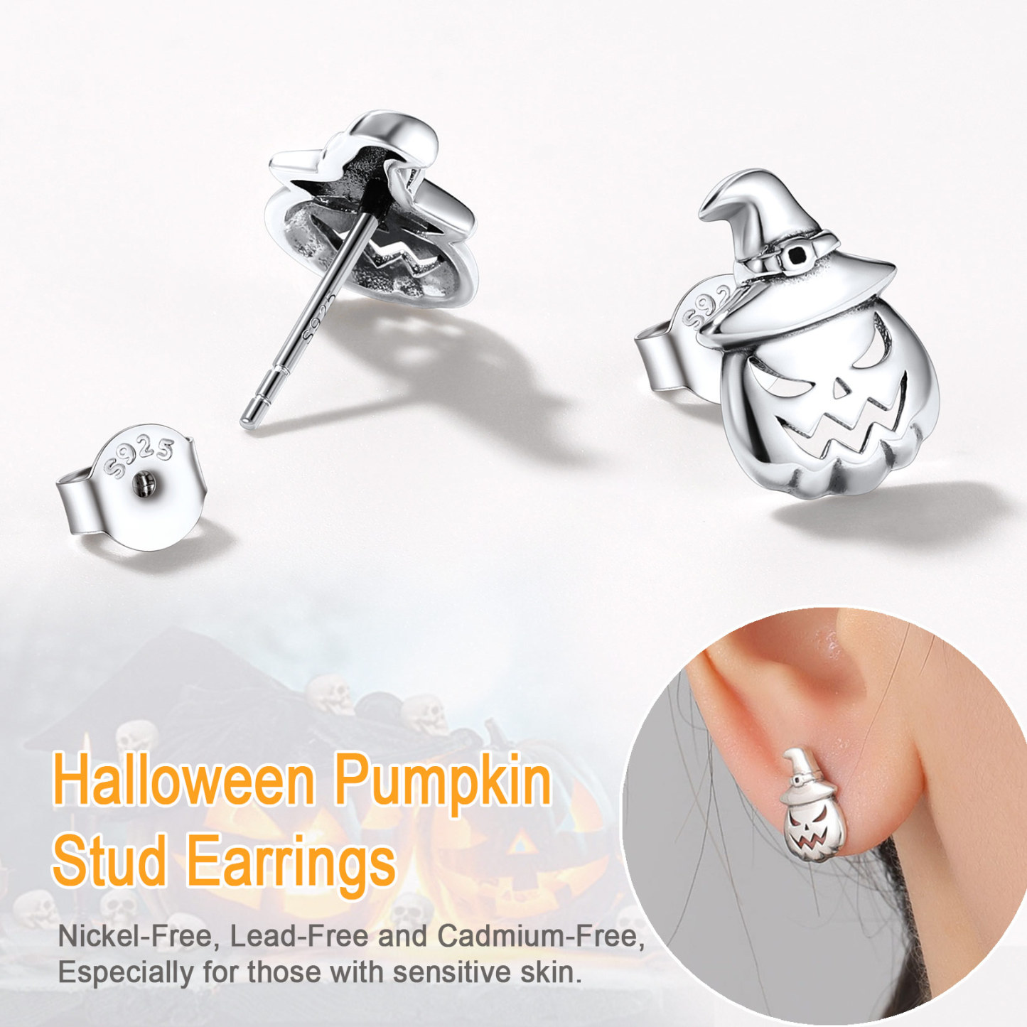 Clous d'Oreilles Jack Skellington Citrouille en Argent 925 détaom