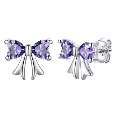 Clous d’oreilles Argent 925 Nœud avec Pierre de naissance Février-Violette